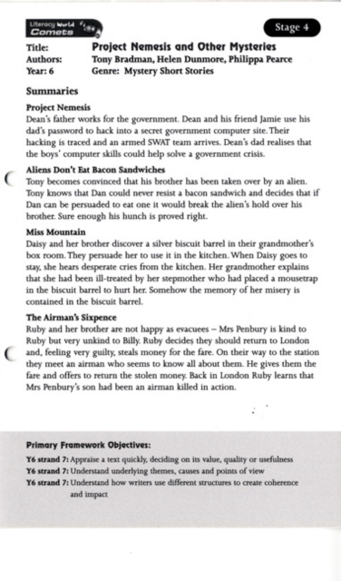 Literacy World Comets Stage 4:  Project Nemesis Guided Reading Card Framework Edition, Cards Book