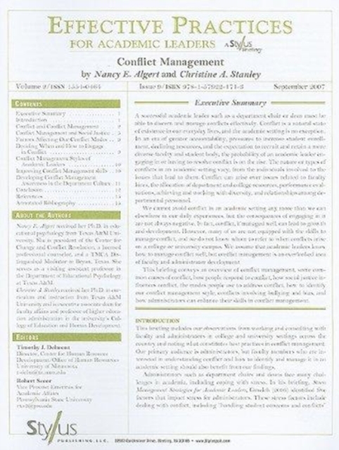 Effective Practices for Academic Leaders, Volume 2 Issue 9 : Conflict Management, Paperback / softback Book