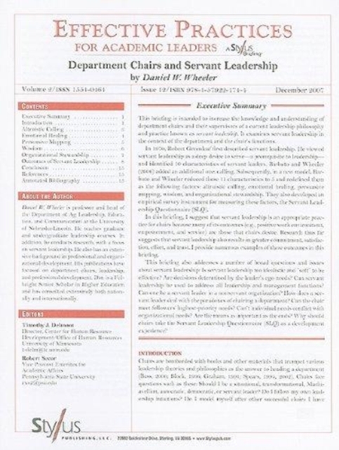 Effective Practices for Academic Leaders, Volume 2 Issue 12 : Department Chairs and Servant Leadership, Paperback / softback Book