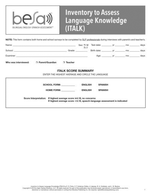 Bilingual English-Spanish Assessment™ (BESA™): Inventory to Assess Language Knowledge (ITLAK), Cards Book