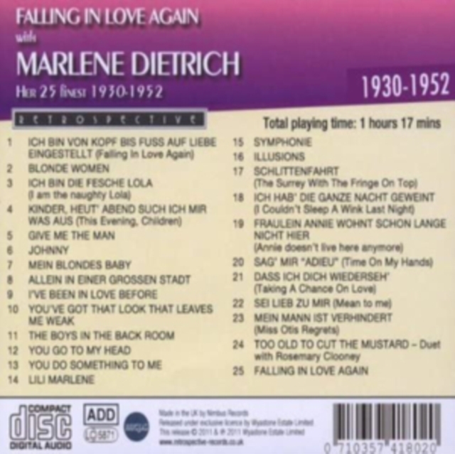 Falling in Love Again With Marlene Dietrich: Her 25 Finest 1930-1952, CD / Album Cd