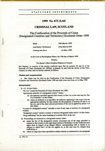 The Confiscation of the Proceeds of Crime (Designated Countries and Territories) (Scotland) Order 1999, Paperback / softback Book