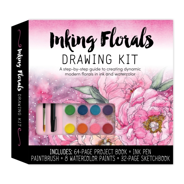 Inking Florals Drawing Kit : A step-by-step guide to creating dynamic modern florals in ink and watercolor - Includes: 64-page project book, ink pen, paint brush, 8 watercolor paints, 32-page sketchbo, Kit Book
