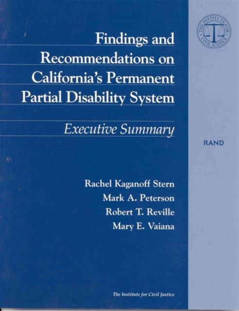 Findings and Recommendations on California's Permanent Partial Disability Sys, Paperback / softback Book