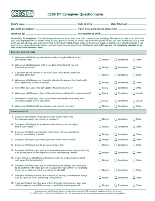 CSBS DP™ Caregiver Questionnaires : Communication and Symbolic Behavior Scales Developmental Profile (CSBS DP™), Loose-leaf Book