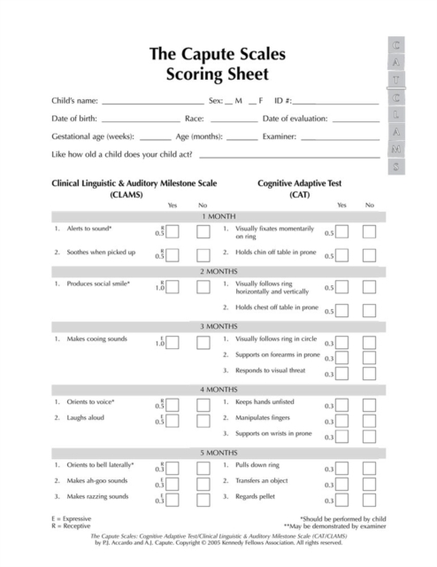 The Capute Scales Scoring Sheets : Cognitive Adaptive Test / Clinical Linguistic Auditory Milestone Scale, Miscellaneous print Book