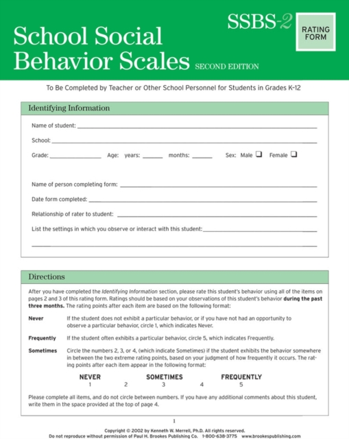 School Social Behavior Scales  Rating Scales, Pamphlet Book