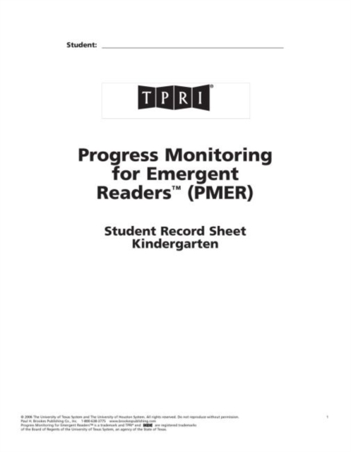 PMER Student Record Sheets : Kindergarten, Paperback / softback Book