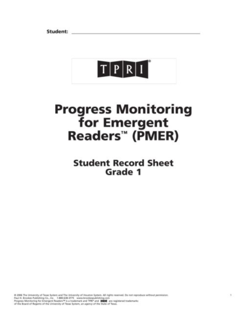 PMER Student Record Sheets : Grade 1, Paperback / softback Book
