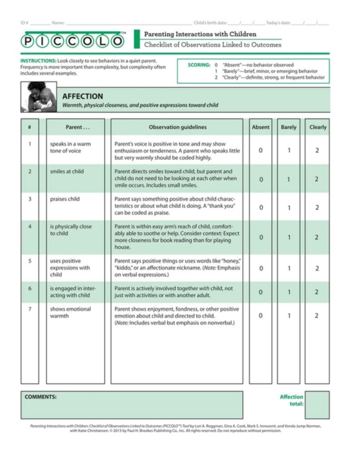 Parenting Interactions with Children: Checklist of Observations Linked to Outcomes (PICCOLO™) Tool  : Pack of 25 Forms, Miscellaneous print Book