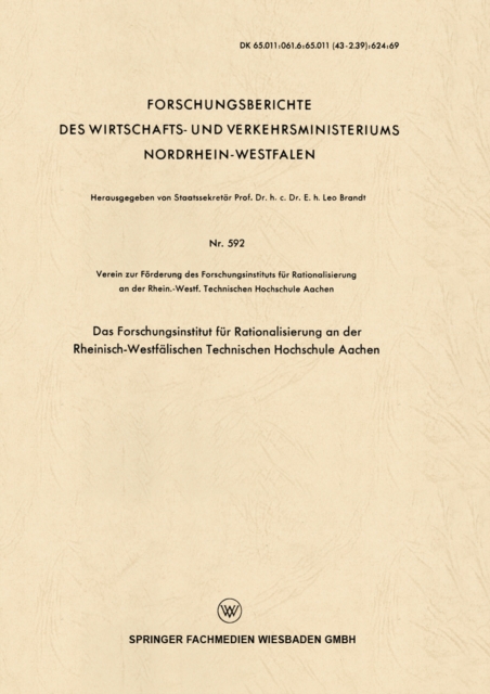Das Forschungsinstitut fur Rationalisierung an der Rheinisch-Westfalischen Technischen Hochschule Aachen, PDF eBook